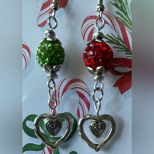 Grinch Inspired Heart Drop with Red and Green Sparkling Rhinestone Bead Earrings